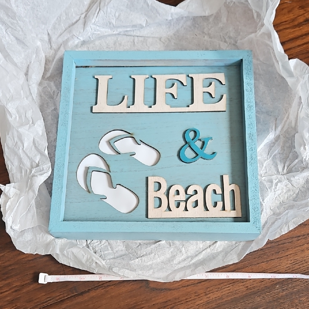 Blue and White Beach Wall Art Lights Up.9.5x9.5